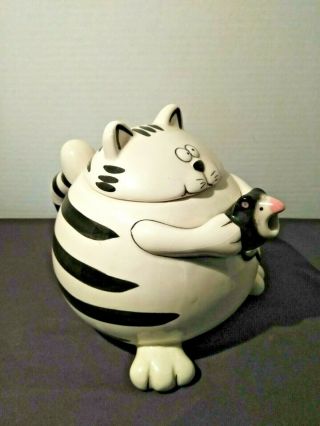 Cat And Mouse Ceramic Teapot Black & White Striped Fat Cat Pier One