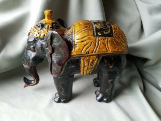 Hand Carved Painted Wooden Elephant,  Marked,  Detailed