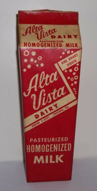 Vintage Alta Vista Dairy Indiana Pa.  Quart Milk Carton