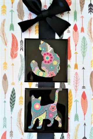 Cats Of Multi - Floral Print On Decorative Black Ceramic Tile Wall Hanging.