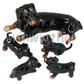 Black Dachshund Dog Puppy Family Set Ceramic Pottery Animal Miniature Figurine
