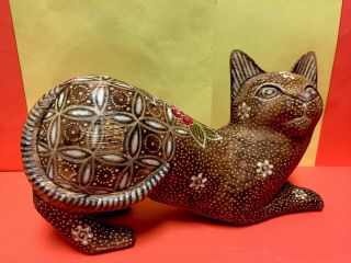 Antique 1924 Russian Signed Hand Carved & Hand Painted Big Wooden Cat Figurine.