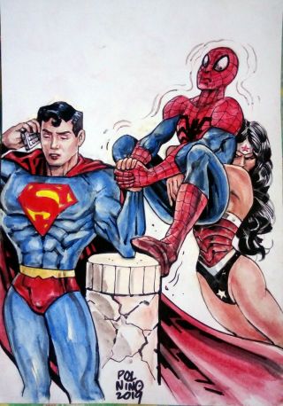 Superman Vs W.  Woman And Spiderman Art Pin Up By Pol Nino - 04 10 " X 15 "