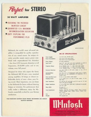 Mcintosh Sales Brochure " Mc 30 Tube Amplifier  Mr - 55a Tube Tuner "
