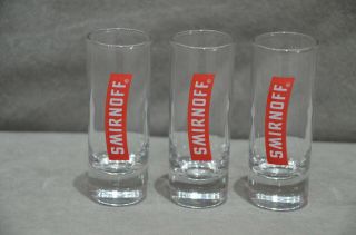 Set Of 3 Smirnoff Vodka Shot Glasses 4 " Tall Slim Glass Mancave Bar Pub Bbq