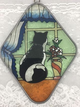 Painted Stained Leaded Glass Sun Catcher Sitting Cat Window Ornament
