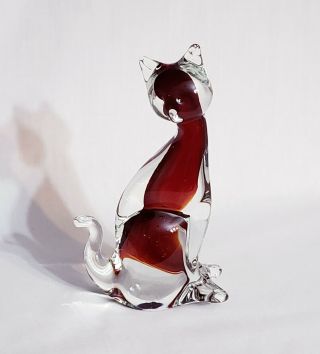 Vintage Murano Italian Art Glass Stylized Cat Clear/red 6.  5 " Rare