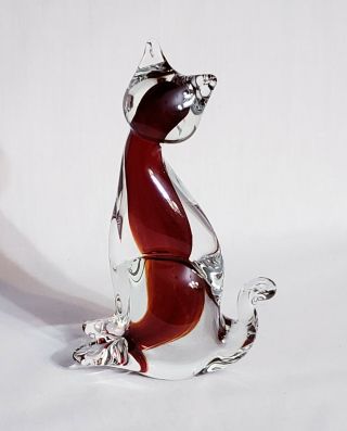 Vintage Murano Italian Art Glass Stylized CAT Clear/Red 6.  5 