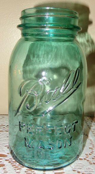 Old Vintage 1910 - 23 Ball Green Blue Glass Perfect Mason Quart Canning Fruit Jar