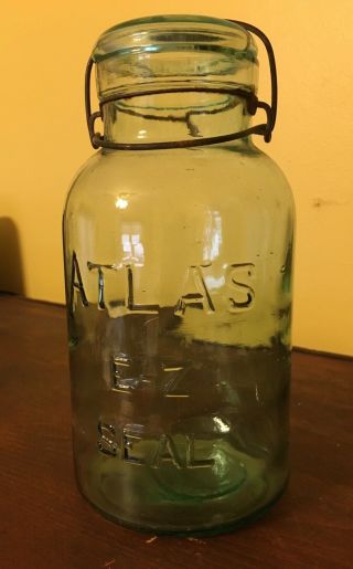 Antique Atlas E - Z Seal Green Glass Canning Jar Half Gallon Swirls Bubbles W/lid