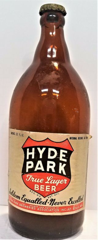 32 Oz.  Brown Hyde Park Lager Beer Bottle Paper Label St Louis 1940 - 50 