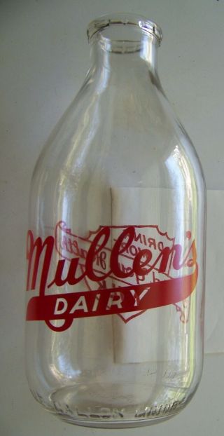 Watertown Wisconsin Wi Mullen Dairy 1/2 Gal Milk Bottle 1958 Interesting History