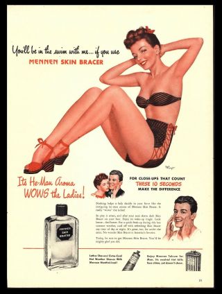 1946 " Mennen Skin Bracer " Sexy Brunette Legs Pin Up Girl Art Print Ad