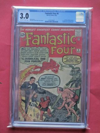 Fantastic Four 6 - Cgc 3.  0 - Huge Key - 2nd Dr.  Doom / 1st Marvel Villain Team