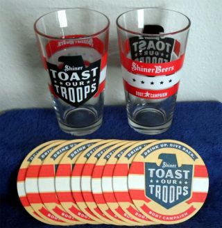 2 Shiner,  Tx.  Beer Support Our Troops Pint Glasses.  With 10 Troops Coasters