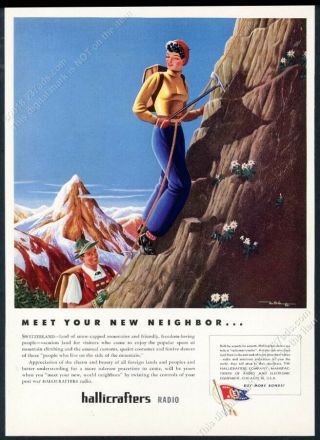 1944 Woman Man Climbing Mountain Switzerland Theme Hallicrafters Radio Print Ad