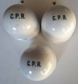 Canadian Pacific Railway 3 Porcelain Cpr Lettered Insulators,  3 Wooden Dowels
