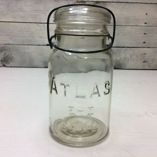 Vintage Mason Jar Atlas E - Z Seal W/ Wire Bail & Glass Lid Quart
