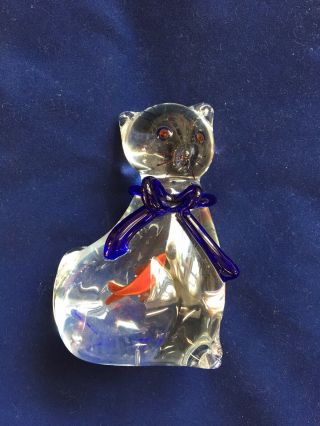 Blown Art Glass Cat With A Fish In It 