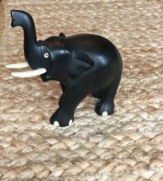 Vintage Hand Carved Ebony Wood W/tusks Elephant Figurine Ceylon Sri Lanka