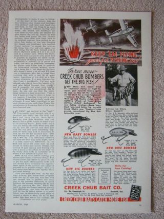 Vintage 1942 Wwii Creek Chub Bait Baby Dive Big Bomber Fishing Lures Print Ad