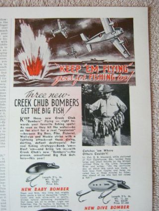 Vintage 1942 WWII Creek Chub Bait Baby Dive Big Bomber Fishing Lures Print Ad 2