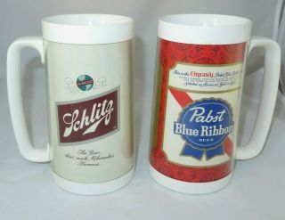2 Schlitz Pabst Thermo Serv Insulated Milwaukee American Beer Plastic Tankards