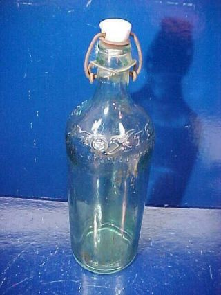 Early 20thc Moxie Soda 1qt Light Aqua Glass Bottle W Porcelain Stopper