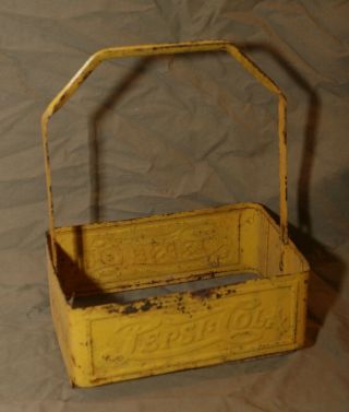 Vintage Antique 11 " Pepsi Cola Metal Bottle Tote Old Style Letters Yellow Paint