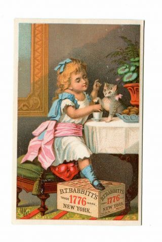 Victorian Trade Card Bt Babbitts 1776 Soap Blonde Girl W Kitten