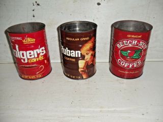3 Old Vintage Folgers Yuban Beech Nut Coffee Can Tins 10.  5 & 16oz