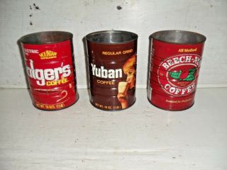 3 Old Vintage Folgers Yuban Beech Nut Coffee Can Tins 10.  5 & 16oz 2