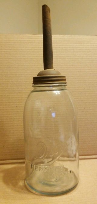Vintage Oil " Can " 1/2 Gallon Drey Perfect Mason Clear Jar W/ Metal Oil Spout Exc