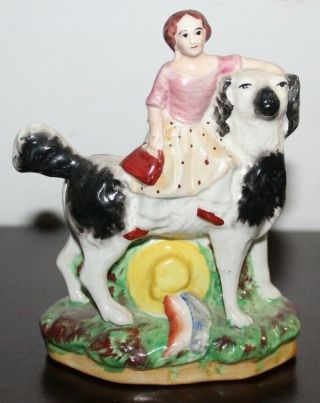 Rare Antique Old Staffordshire Ware Woman Or Girl Riding Spaniel Dog Figurine