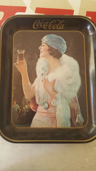 Vintage - Coca Cola Coke Metal Tray With Pink Lady 1973 Blue Hat Flapper Girl