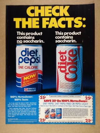 1985 Diet Pepsi Nutrasweet - Diet Coke Saccharin Cans Photo Vintage Print Ad