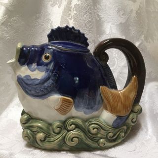 Vintage Fish Tea Pot Pitcher W/ Lid Handpainted Blue Waves Water Unique Markings