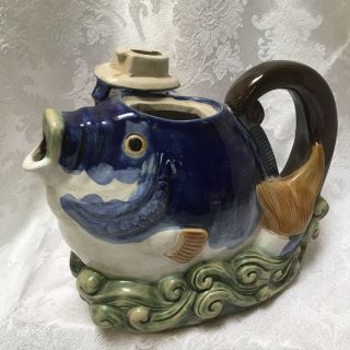 Vintage Fish Tea Pot Pitcher w/ Lid Handpainted Blue Waves Water Unique Markings 2