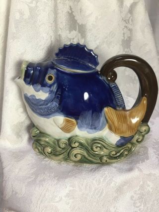 Vintage Fish Tea Pot Pitcher w/ Lid Handpainted Blue Waves Water Unique Markings 3