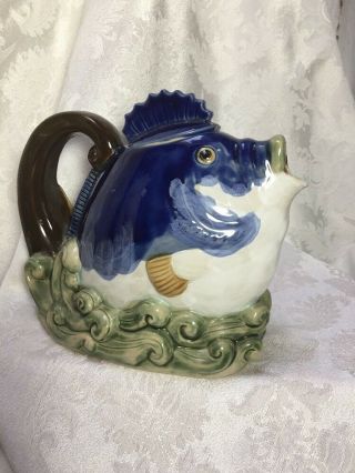 Vintage Fish Tea Pot Pitcher w/ Lid Handpainted Blue Waves Water Unique Markings 4