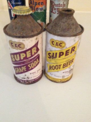 Two C&c Soda Cone Top Cans Grape And Root Beer 12oz