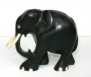 Vintage Hand Carved Ebony Wood Elephant W/ Tusks & Inlaid Toenails