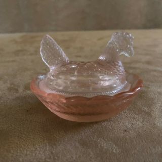 Mini Hen On Nest Glass Peach Pink 2 " Vintage Covered Bowl Dish Chicken
