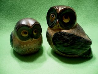 Set Of 2 Vintage Retro Stoneware Art Pottery Owl Mother & Baby Owlet In