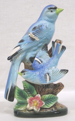 Vintage Blue Jay Bird Figurine Two On Tree Stump M R Daniels Japan 1960s