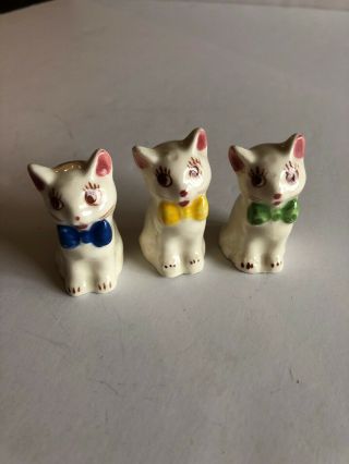Vintage (3) Porcelain White Cats W/bow Ties,  Miniatures