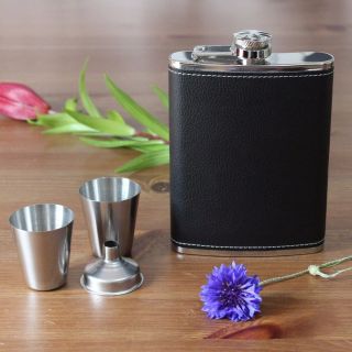 Black Leather Hip Flask Set Of 4 (1 Flask 2 Cups & 1 Funnel) Gift Pack
