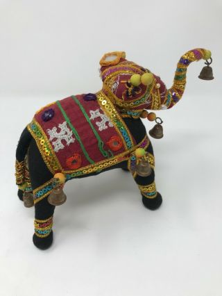 Stuffed Elephant Figurine Handmade India? Multi Color Embellishments Mirror Bell
