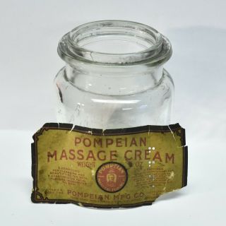 Vintage Pompeian Massage Cream 5 Oz.  Antique Bottle W/paper Label Rare