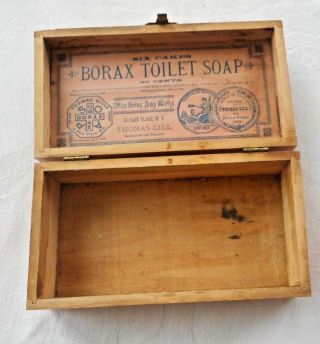 Antique Thomas Gill Borax Toilet Soap Wooden Box 6 3/4 X 3 1/2 X 2 3/8